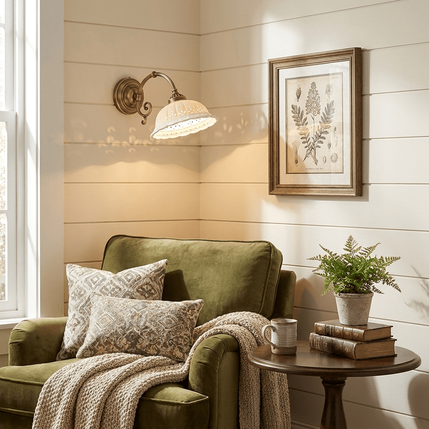 The sconce lit above a green armchair and a small side table with a fern and books