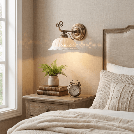 The sconce lit beside a linen headboard above a nightstand with a clock and a plant