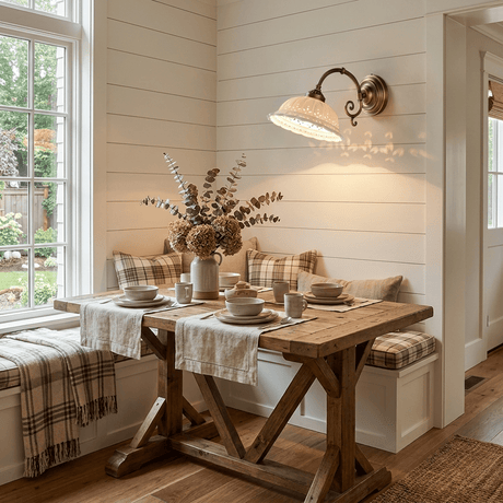 The sconce lit above a wood table and a cushioned bench in a breakfast nook