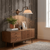 The sconce on a weathered wood wall above a walnut sideboard with a plant