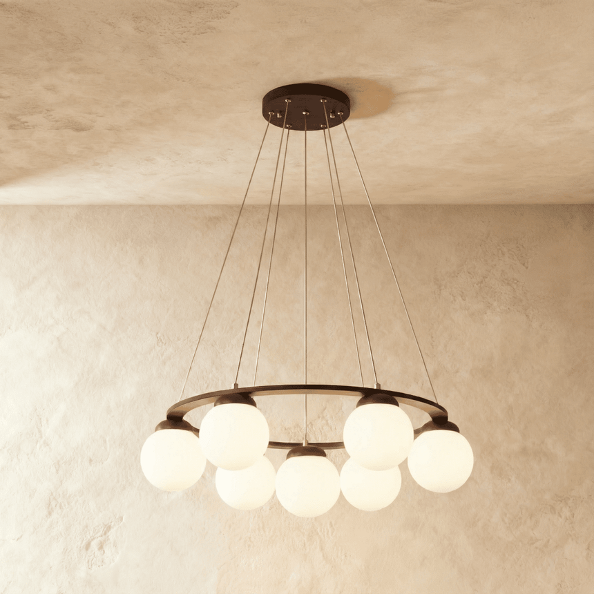 The widest ring with globes massed around it, hung on four fine cables