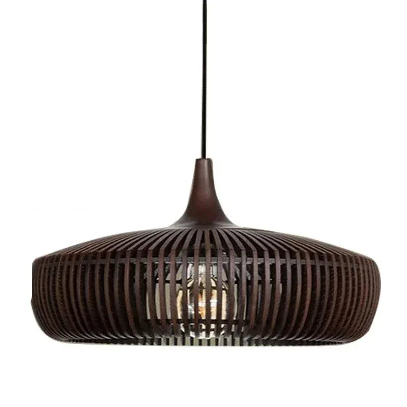 Walnut slatted shade switched on against a white background