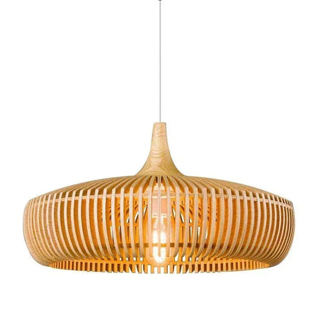 Natural wood slatted shade switched on against a white background