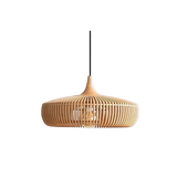 Natural wood shade with its cord on a plain background