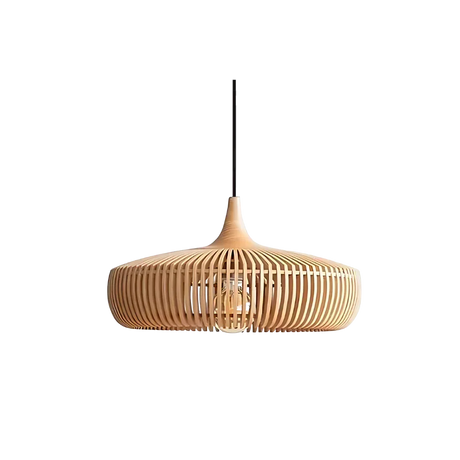 Natural wood shade with its cord on a plain background