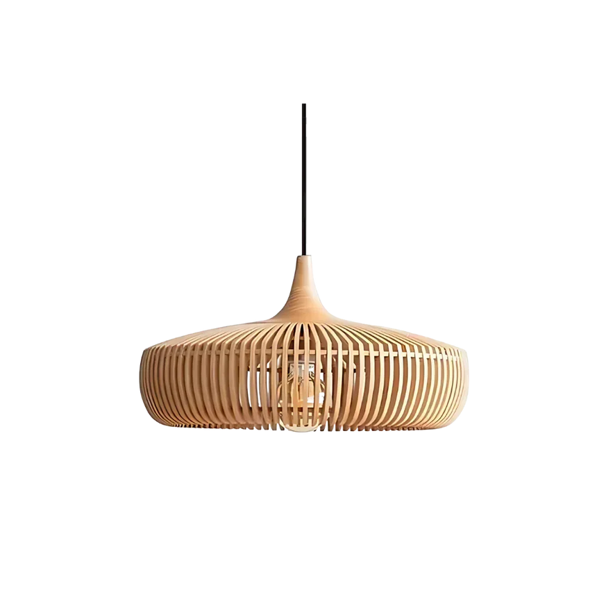 Natural wood shade with its cord on a plain background