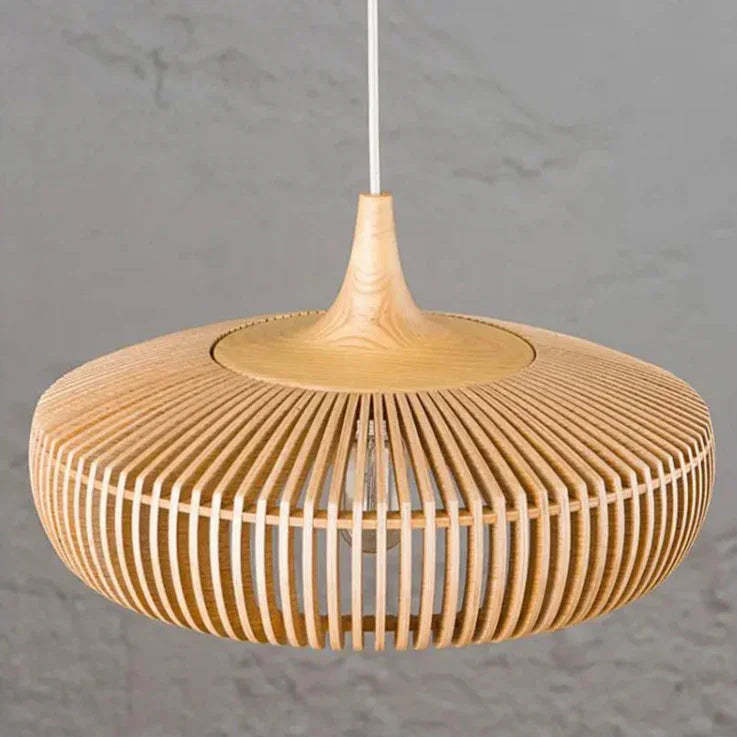 Slatted wood shade seen from below showing the ring of slats