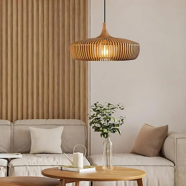 Scandinavian ceiling light with a slatted wood shade in a living room