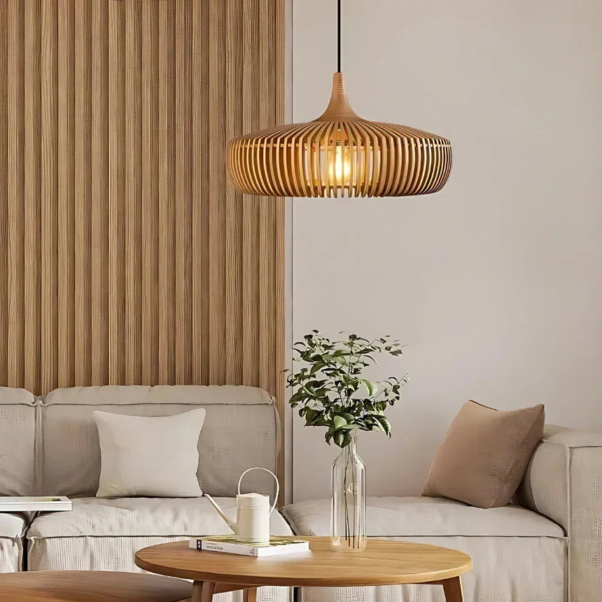 Scandinavian ceiling light with a slatted wood shade in a living room