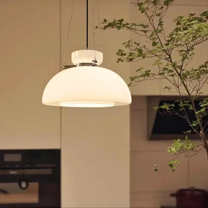 The cream dome lit above a kitchen counter beside a branch in a vase