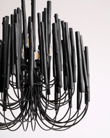 Black wood rods and the curved arms that hold them, seen close