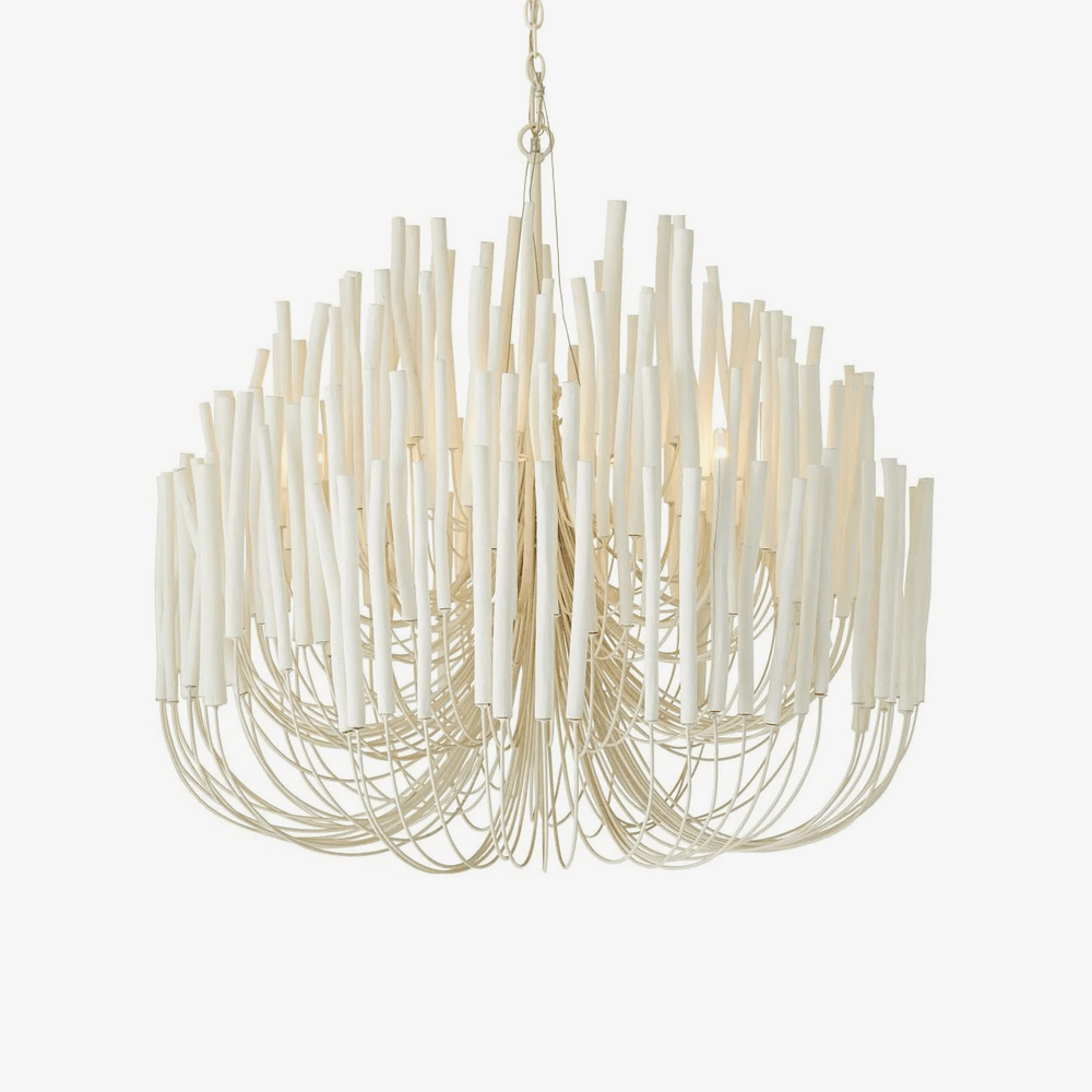 Sculptural chandelier with layered white wood rods on curved arms