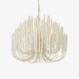 Sculptural chandelier with layered white wood rods on curved arms