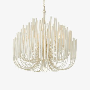 Sculptural chandelier with layered white wood rods on curved arms