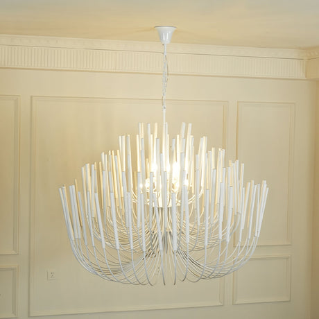 The white rods lit from within, light escaping between the layers