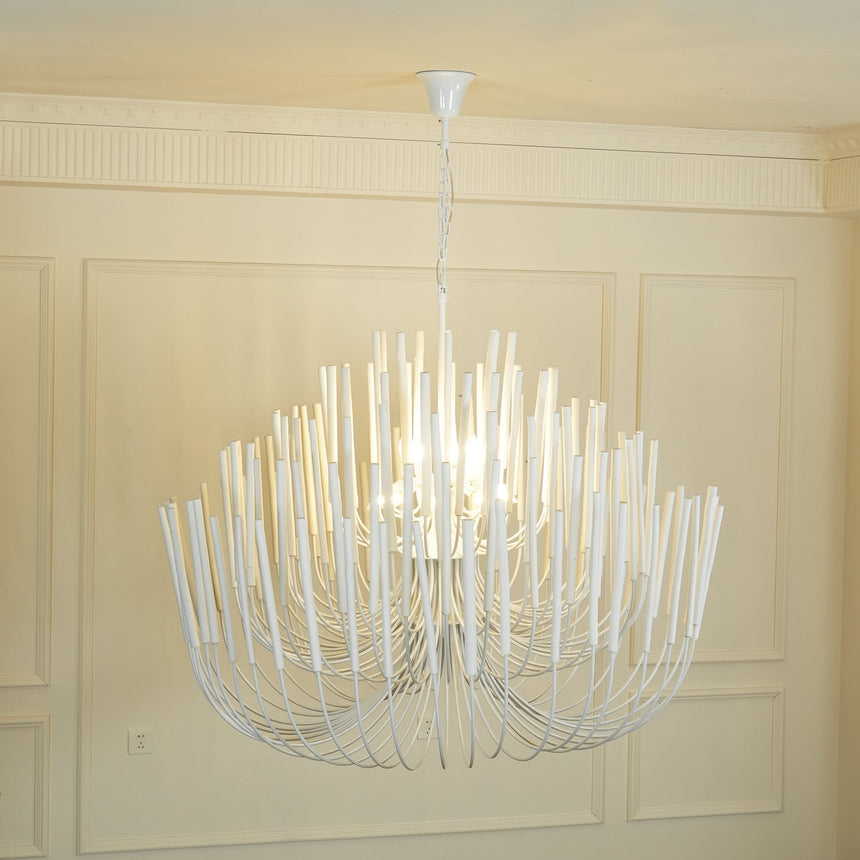 The white rods lit from within, light escaping between the layers