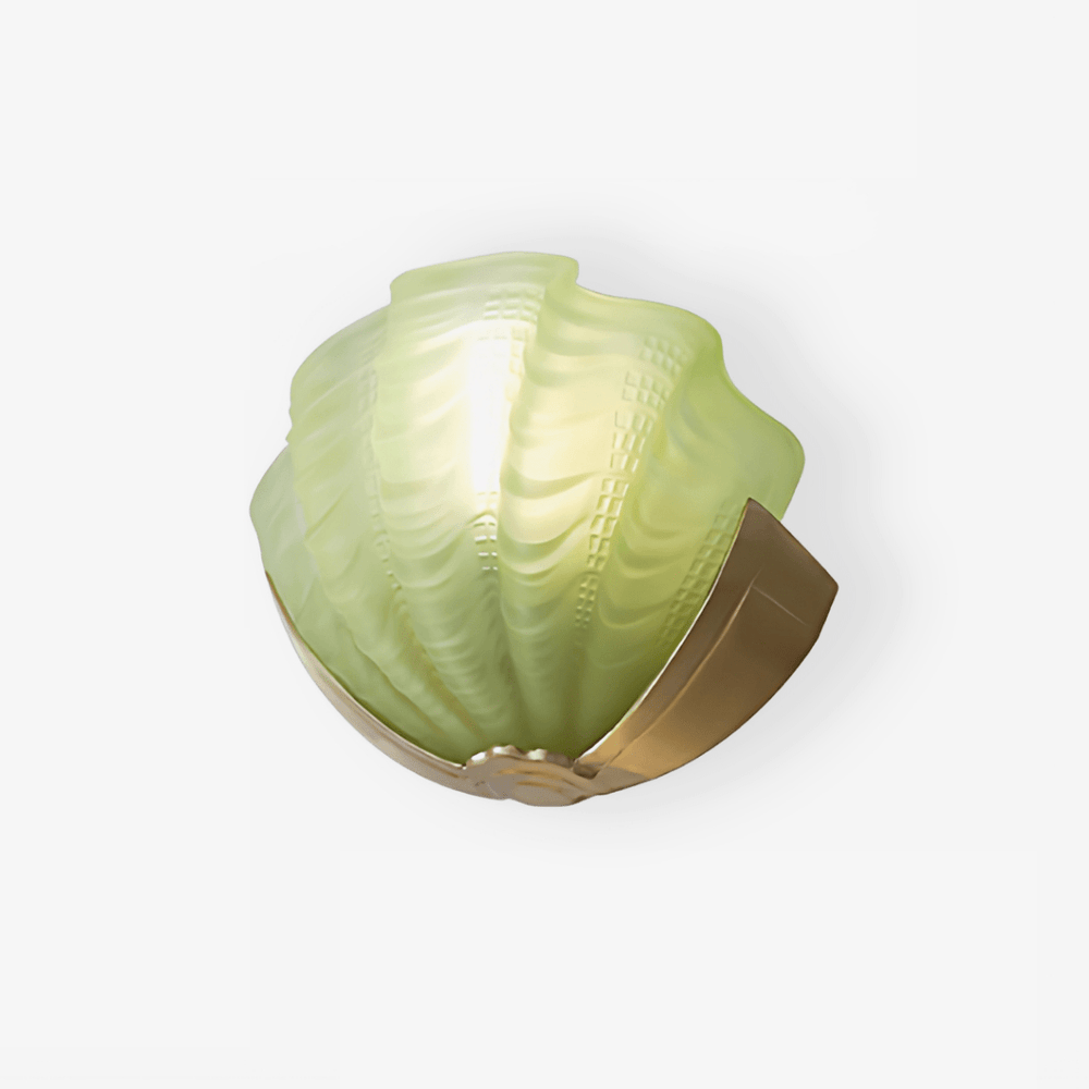 Shell wall sconce with a green molded glass scallop shade in a gold bracket