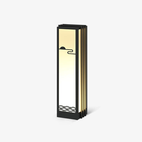 Tall lantern with white panels, a dark frame and an arc pattern at the top