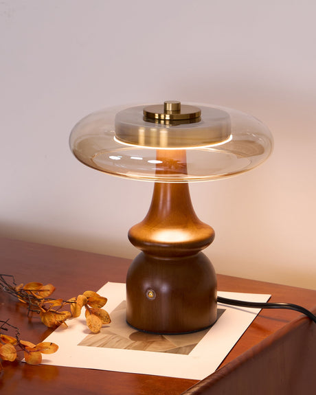Side table lamp seen at an angle on a desk, unlit