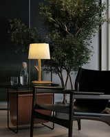 Branch stem lamp lit on a console beside a window and a potted olive tree
