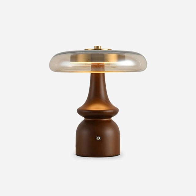 Side table lamp with an amber glass ring on a walnut base, plain ground