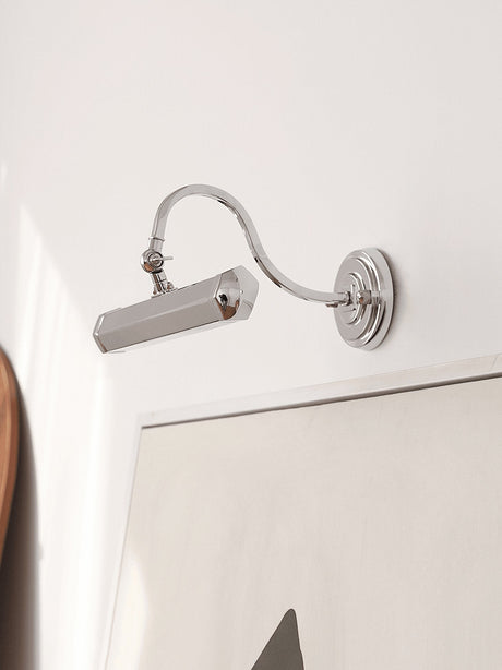 Chrome hooded bar lit above a white framed picture leaning on a wall