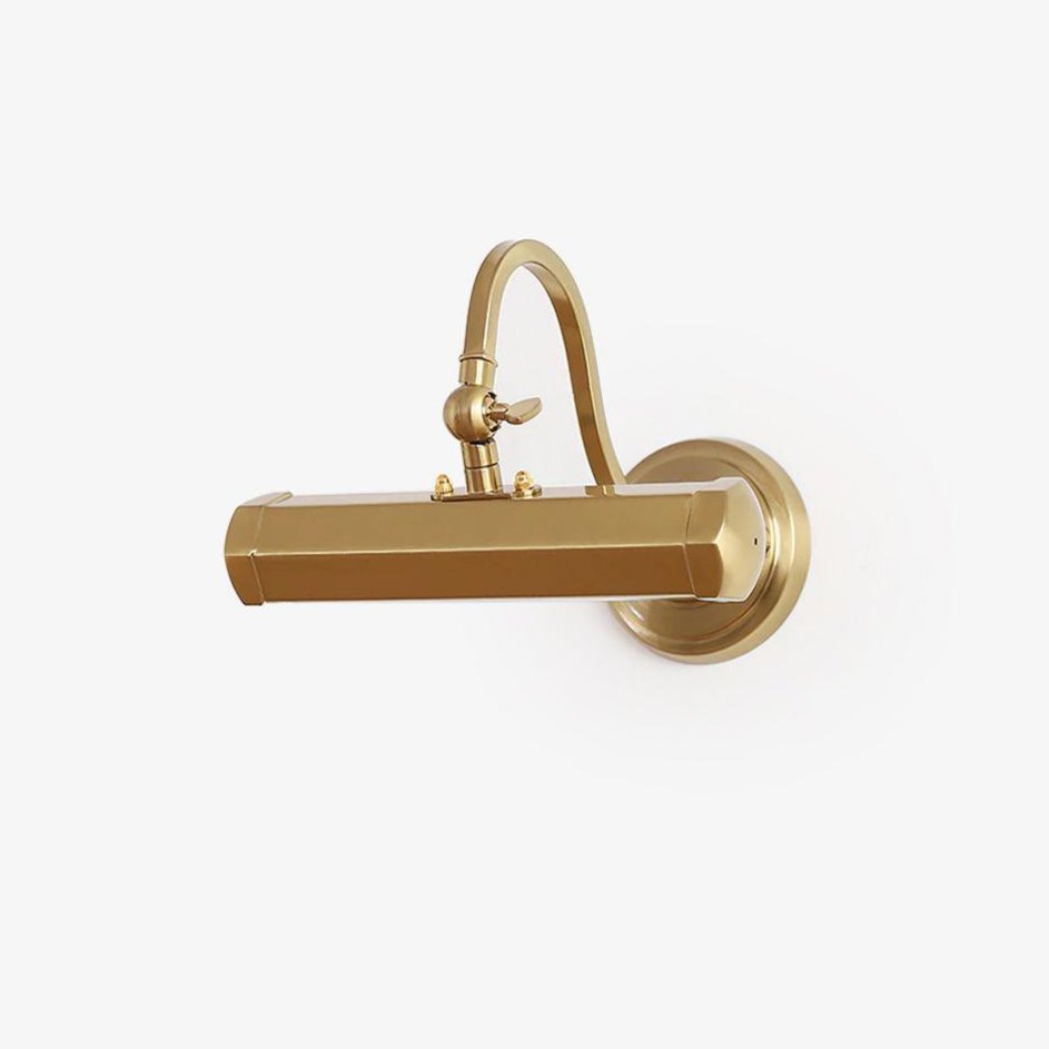 Warm metal hooded bar on a curved arm rising from a round stepped wall plate