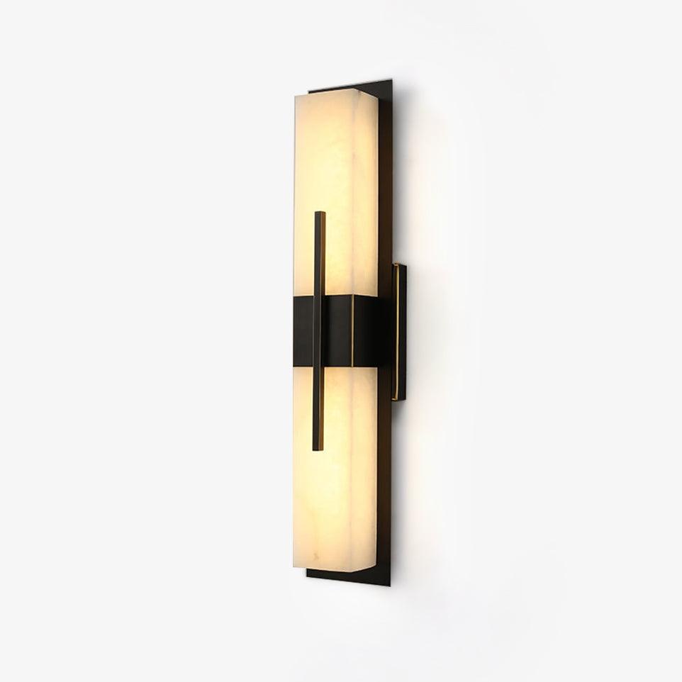 Slim wall sconce with a pale veined panel crossed by a black bar