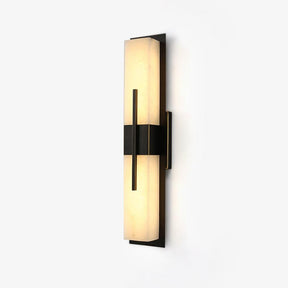 Slim wall sconce with a pale veined panel crossed by a black bar
