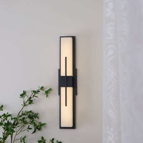 The sconce lit on a wall with trailing foliage crossing below it