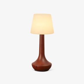 Small table lamp with a white acrylic shade on a turned walnut stem