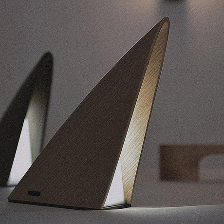 Small bedside lamp in the dark finish lit against a pale gray background