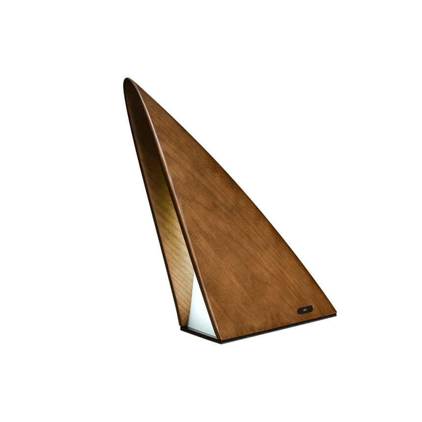 Small bedside lamp in walnut seen from the front, plain ground