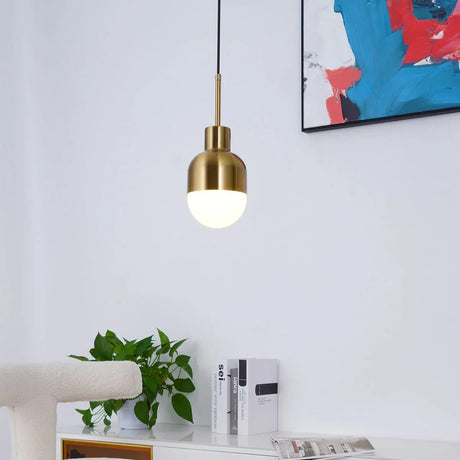 The brass pendant lit in a corner above a plant beside artwork