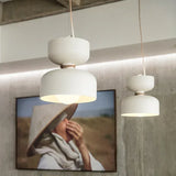 Two pale stacked iron pendants beside a wall screen