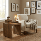 Small table lamp lit on a wooden side table beside an armchair