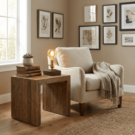 Small table lamp lit on a wooden side table beside an armchair