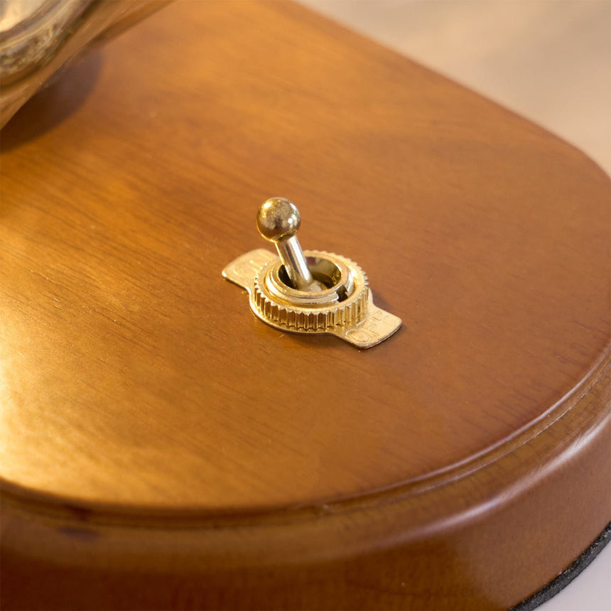 Close view of the small brass toggle switch on the wood plinth