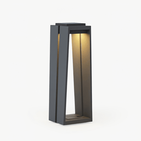 Trapezoid frame bollard light in dark gray with a lit inner panel
