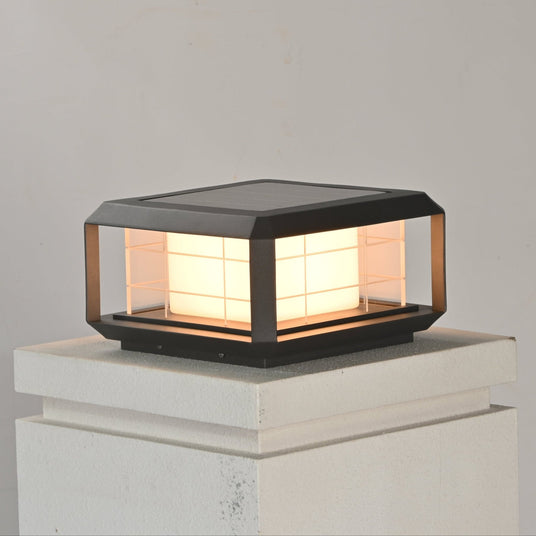 The wire grid and the inner frosted box of the lantern on a pillar