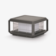 Low wide pillar cap lantern in gray with a wire grid guard around it