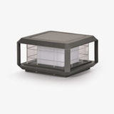 Low wide pillar cap lantern in gray with a wire grid guard around it