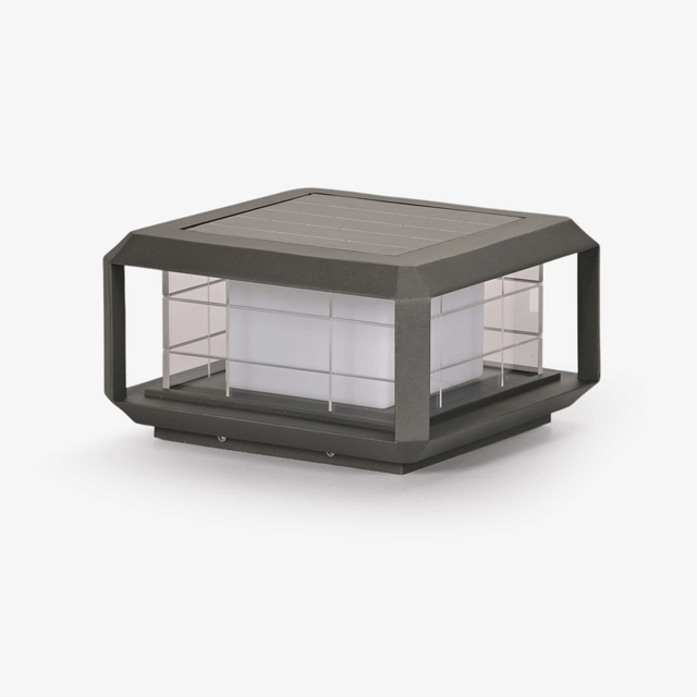 Low wide pillar cap lantern in gray with a wire grid guard around it
