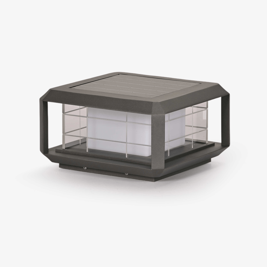 Low wide pillar cap lantern in gray with a wire grid guard around it