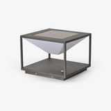 Open frame cube light in gray with a cone diffuser hung inside it