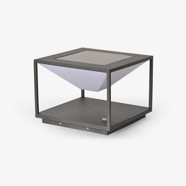 Open frame cube light in gray with a cone diffuser hung inside it