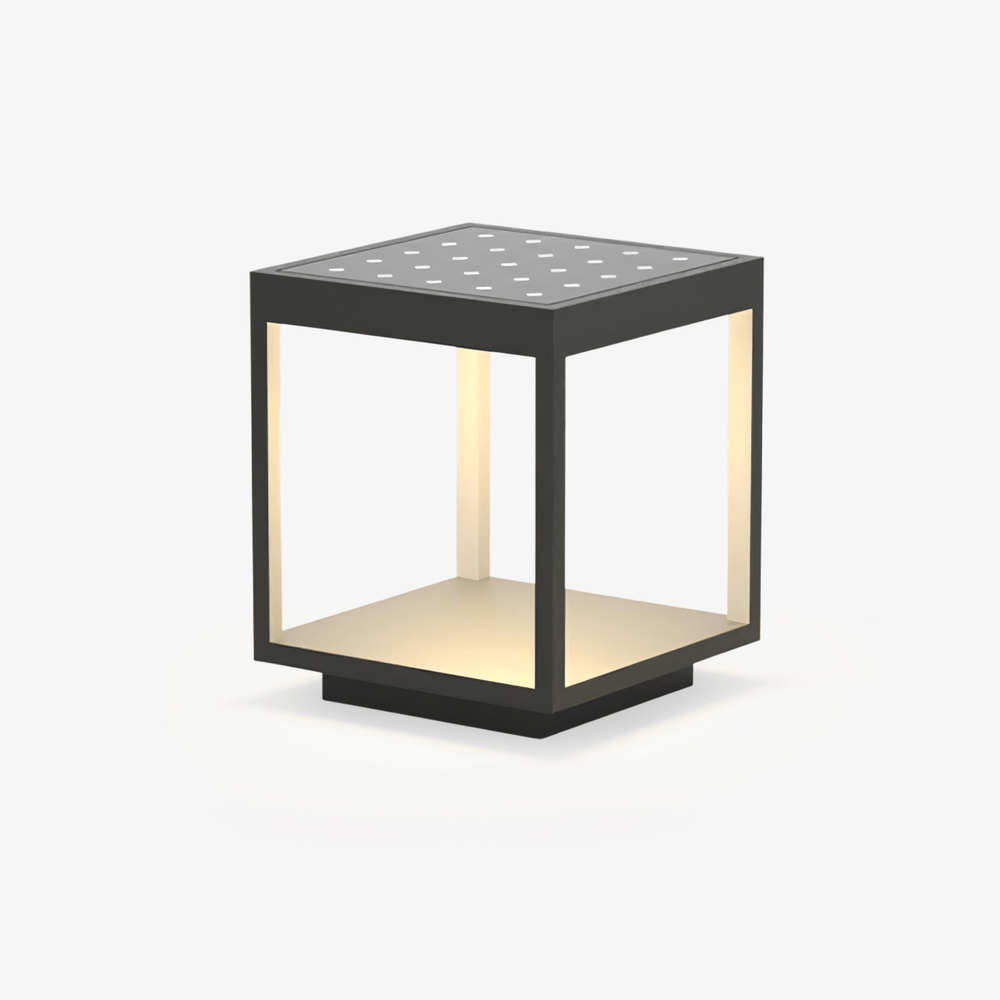 Open frame solar post light with a textured panel set across the lid