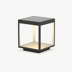 Open frame solar post light with a textured panel set across the lid