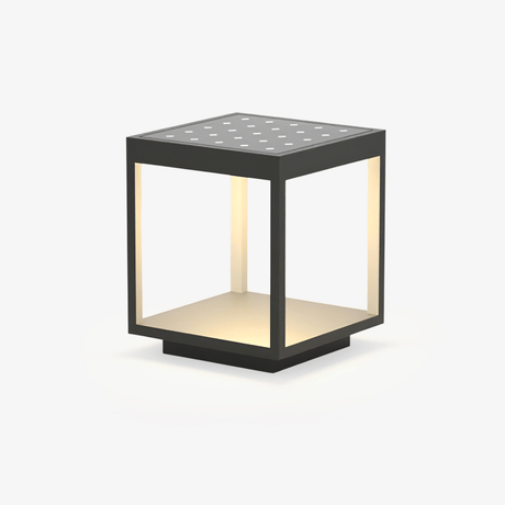 Open frame solar post light with a textured panel set across the lid