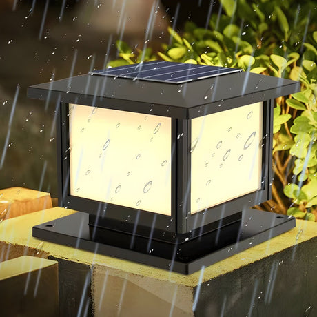 Rain running over the lit cap, water beading on the panel and the frame